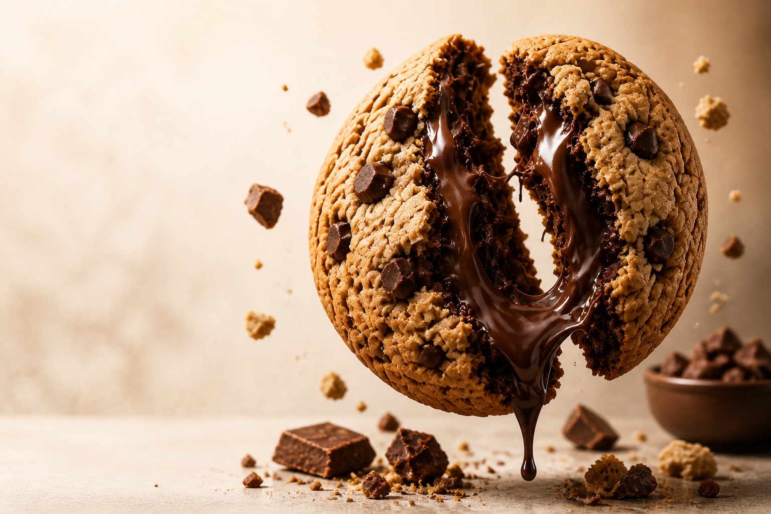 A Crave Jar chocolate chip cookie split open with molten chocolate